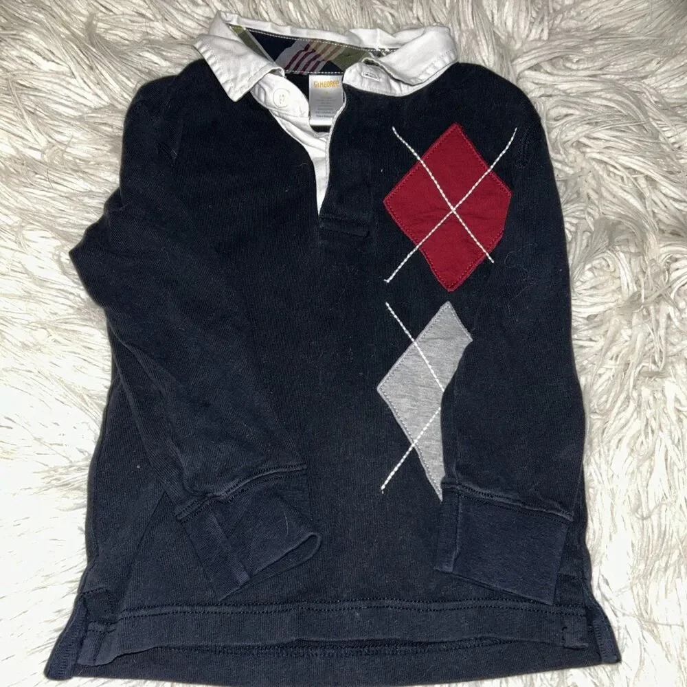 Boys Sz 4 Gymboree Brand Long Sleeved Argyle Rugby Shirt with Collared Neckline